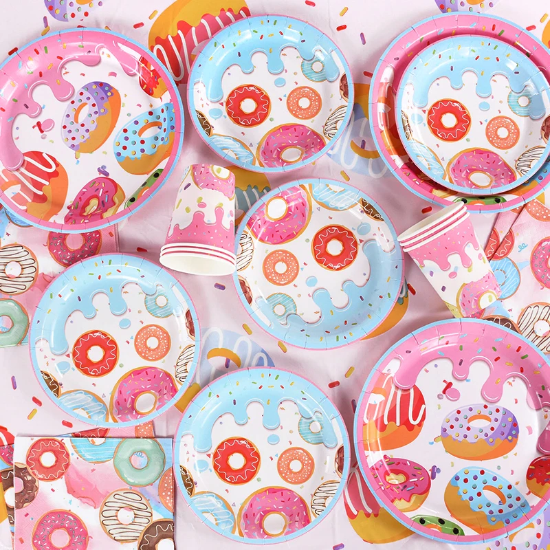 1Set Donut Party Decoration Disposable Tableware Plate Cup Napkins Candy Gift Bags Kids Baby Girl 1st Birthday Party Supplies