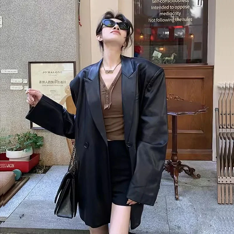 Streetwear Fashion Black Faux PU Leather Suit Jacket Women Spring Korean Loose Casual Double-breasted Long Sleeve Blazers Coat