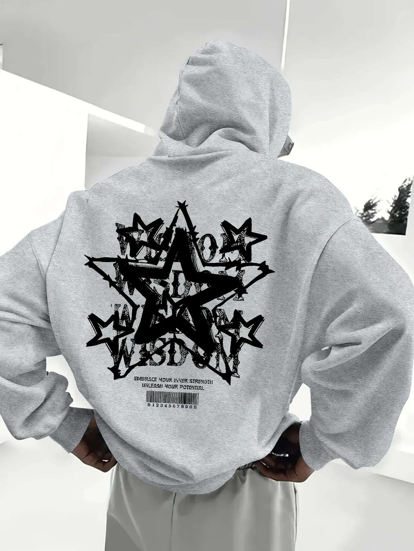 Men Y2K Street Hoodie Grunge Gothic Star Wisdom Text Barcode Back Graphic Dark Aesthetic Urban Loose Fleece Pullover Sweatshirt