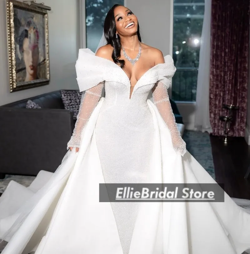 

African Wedding Dresses Luxury 2025 Off The Shoulder Mermaid Bridal Gowns With Detachable Train Long Sleeves vestidos Customized