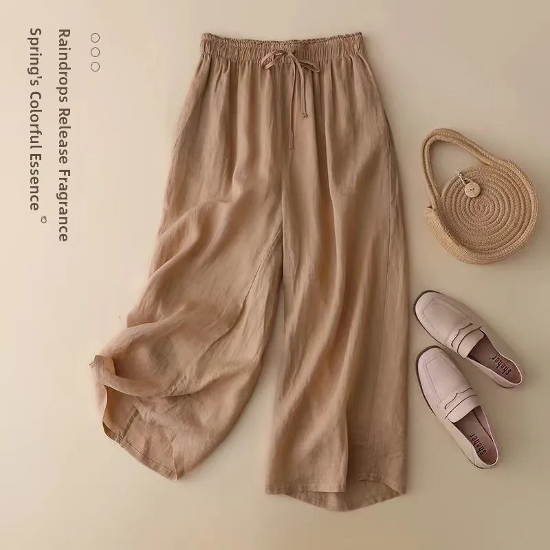 Retro Cotton Linen Wide Leg Pants Casual Loose Nine Points Women Elastic Waist Thin Style plus Size Straight Tube Trousers