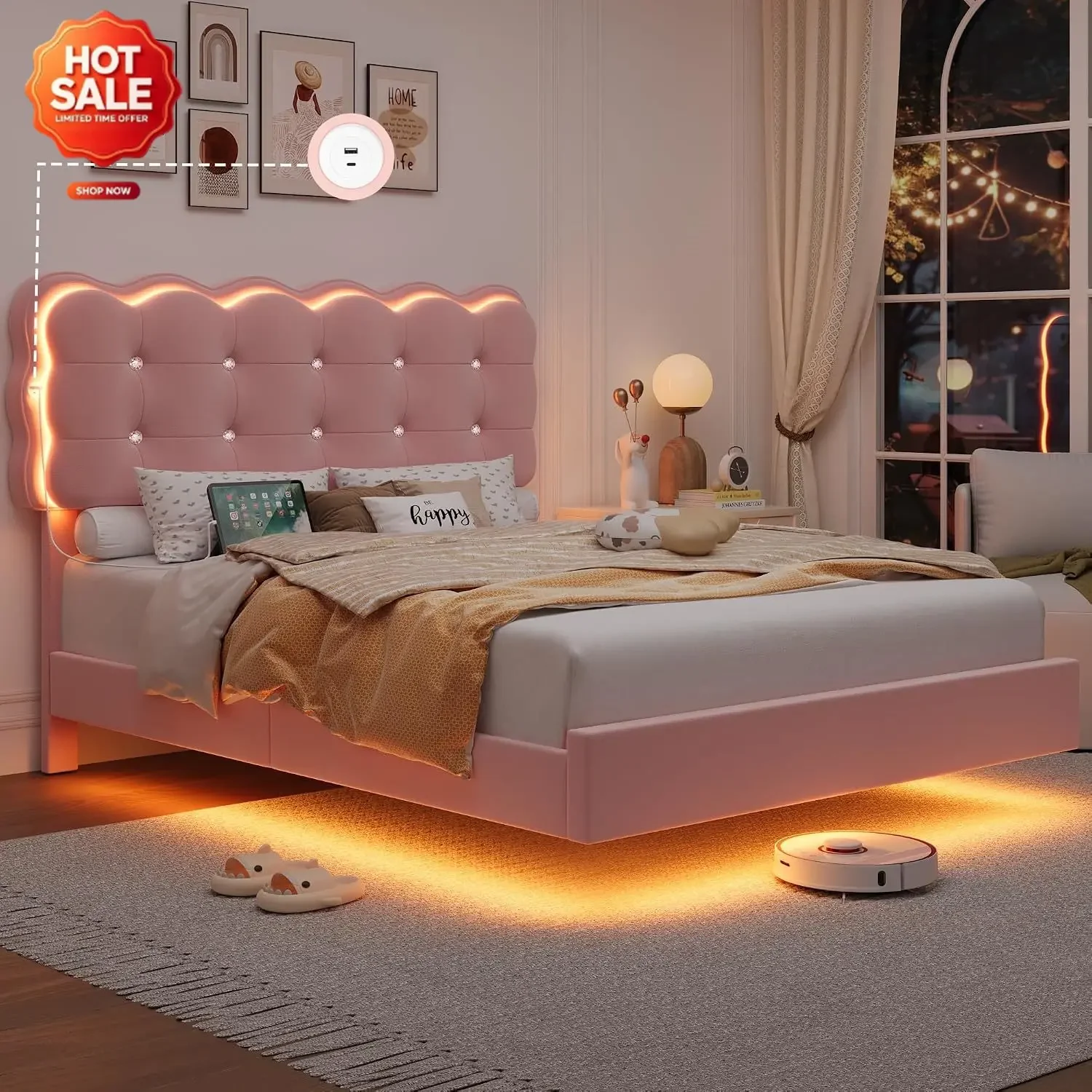Full Size LED Bed Frame w/Charging Station Headboard, Floating Bed for Girl | Upholstered Velvet Full Platform Bed with Adjustab