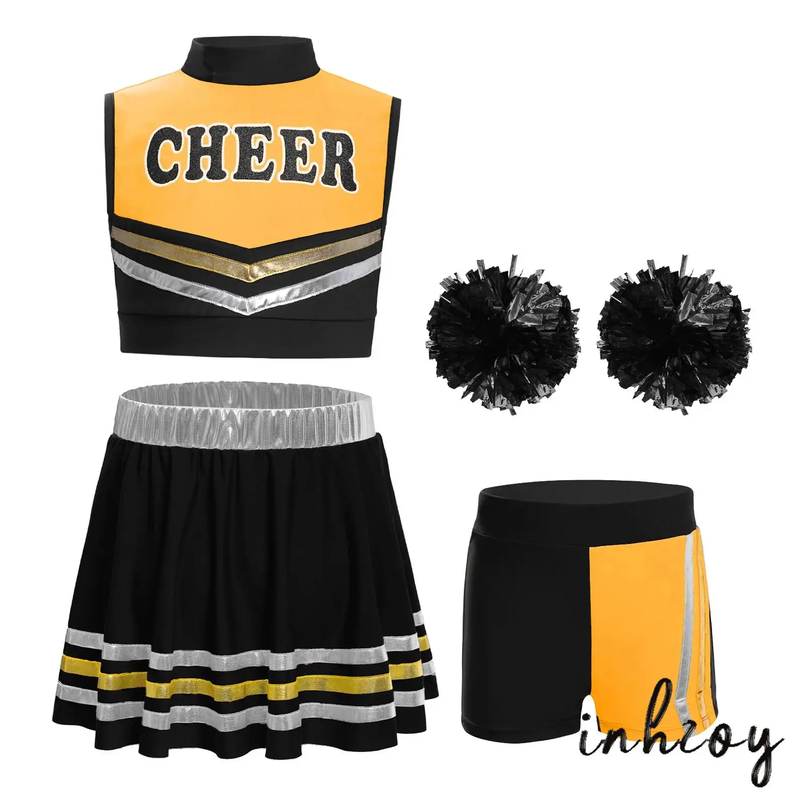 

Kids Girls Cheer Costume Set Letter Print Crop Top+Metallic Striped Skirt+Skirt+Pom Poms Suit Ballet Cheerleading Dance Uniform