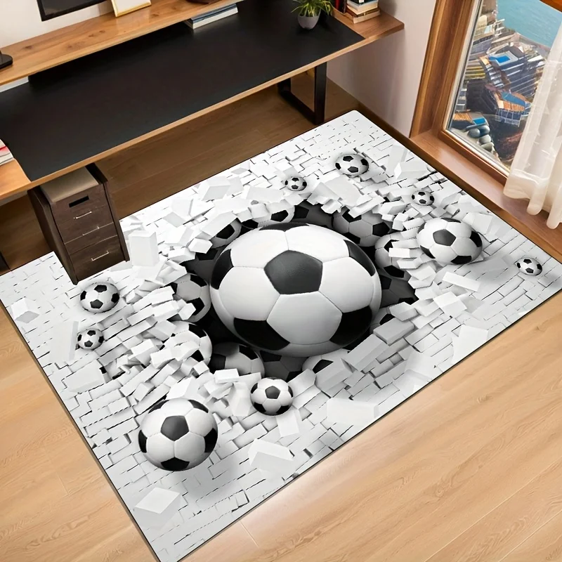 3D Soccer Ball Doormat, Black White Football Rug, Sports Kids Floor Mat, Non-Slip Entryway Carpet, Boy Room Home Decor