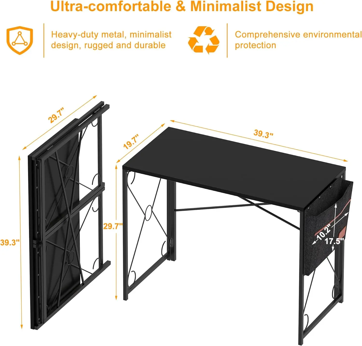 Bureau Pliant pour Ordinateur d'Écriture, Table d'Ordinateur Portable en Acier Robuste avec Sac de Rangement pour le Travail à Domicile, Noir Classique, 39 Pouces