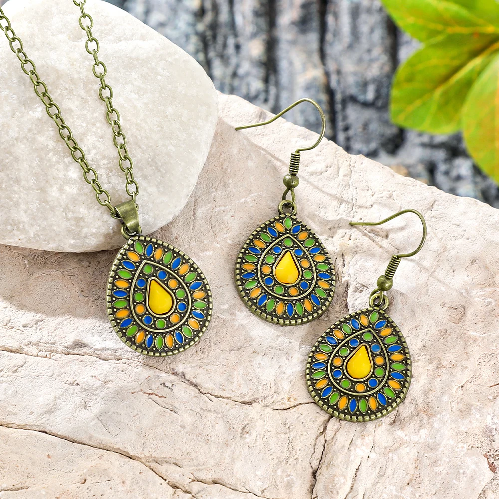 Vintage Bronze Teardrop Enamel Necklace and Earring 3-Piece Set – Bohemian Ethnic-Style Color-Block Jewelry Set for Women