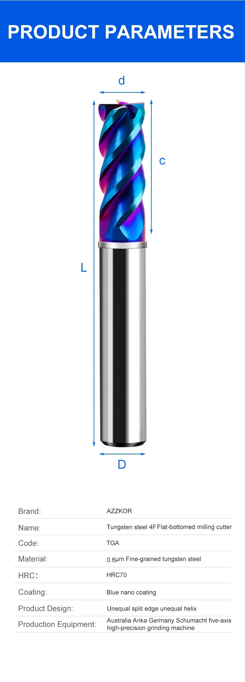 AZZKOR TGA-HRC75 4-Schneiden-Flachfräser mit blauer Nano-Beschichtung, Hartmetall-CNC-Mechanikzentrum-Endfräswerkzeug – Detail 15