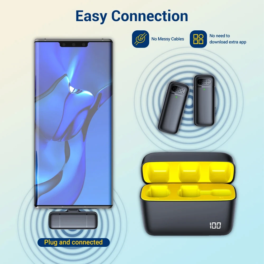 Basix draadloze lavaliermicrofoon Oplaadbehuizing Microfoon Draagbare audio-video-opname voor iPhone Android Live Gaming-microfoon