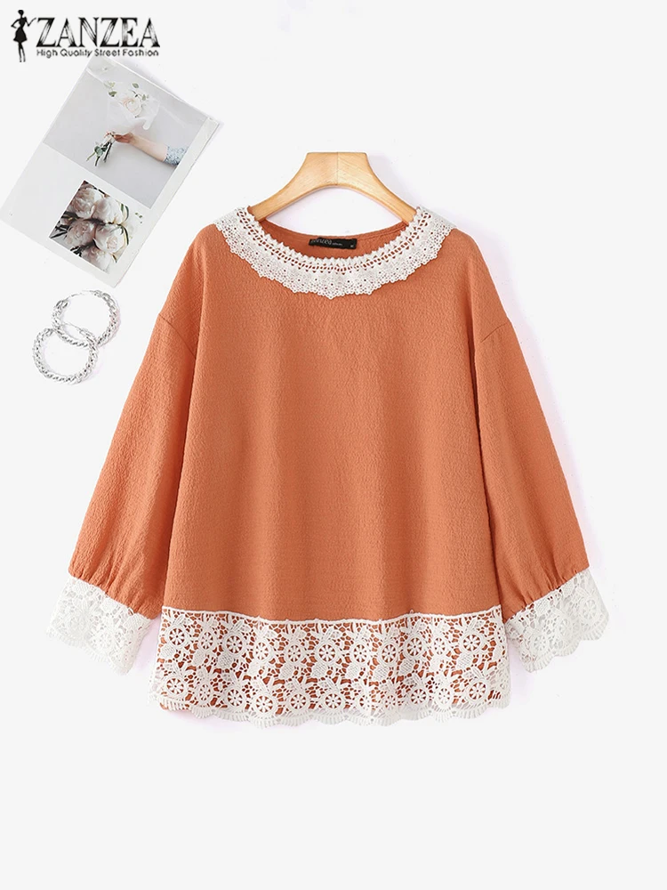 

ZANZEA 2025 Autumn Women Colorblock Tops Vintage Ruffled Lace Stitching Blouse Long Sleeve Loose Fashion Stand Collar Tunics
