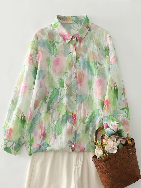 

Loose Long Sve irt Women's plus Size Retro Print Design Sense Top Button Clip Label Artistic Sle Casual Faion