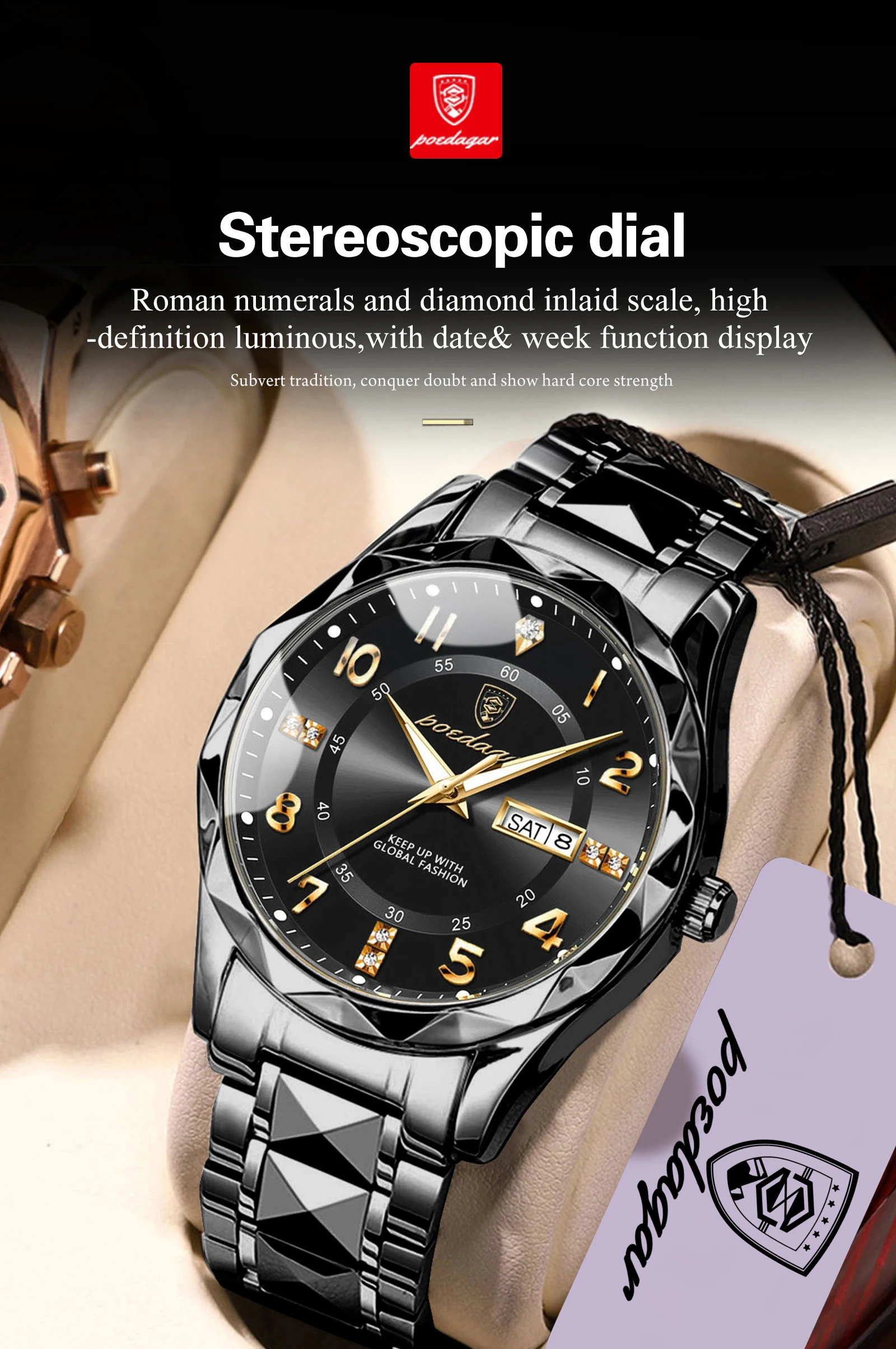 POEDAGAR Modische Luxus-Herrenuhr, Wasserdicht, Leuchtend, Quarz-Armbanduhr, Edelstahl, mit Datums- und Wochenanzeige, Casual-Herrenuhr, Reloj – Detail 13