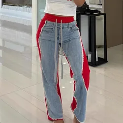 Color Patchwork Tassel Denim Pants Women Drawstring Elastic High Waist Loose Straight Jeans Trousers Casual Streetwear Bottoms