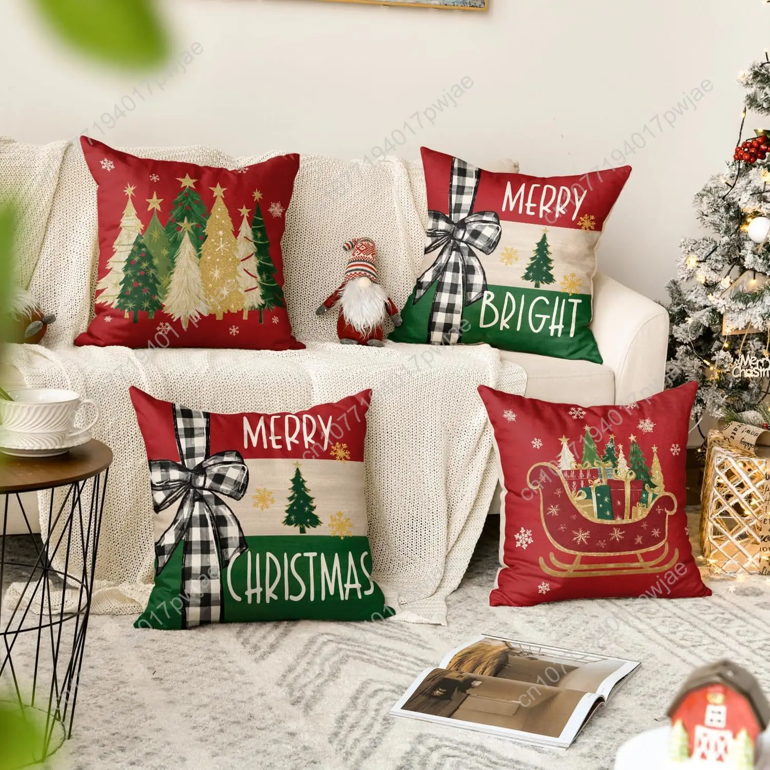 AVOIN colorlife Merry Bright Christmas Trees Star Sleigh Throw Pillow Covers, 18 x 18 Inch Bow Snowflake Red Xmas Winter Holiday