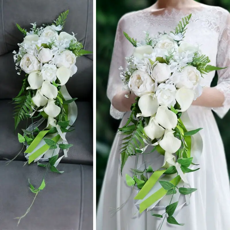 Ayicutia-ramo de flores artificiales de cristal de cascada para novia, ramo de novia de perlas blancas, boda real