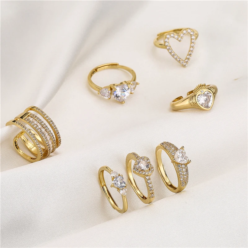 HECHENG, Liebesherz-Ring, kreative süße Herzringe für Frauen, geometrischer Zirkon-Cooper-offener Ring Vintage 18 Karat vergoldeter Schmuck