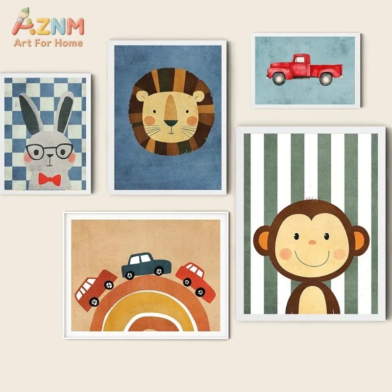 AZNM Cute Cartoon Animal Canvas Print Cool Cat Crown Frog Leopard Hot Air Balloon Roller Skate Pastel Color Kids Girls Nursery B