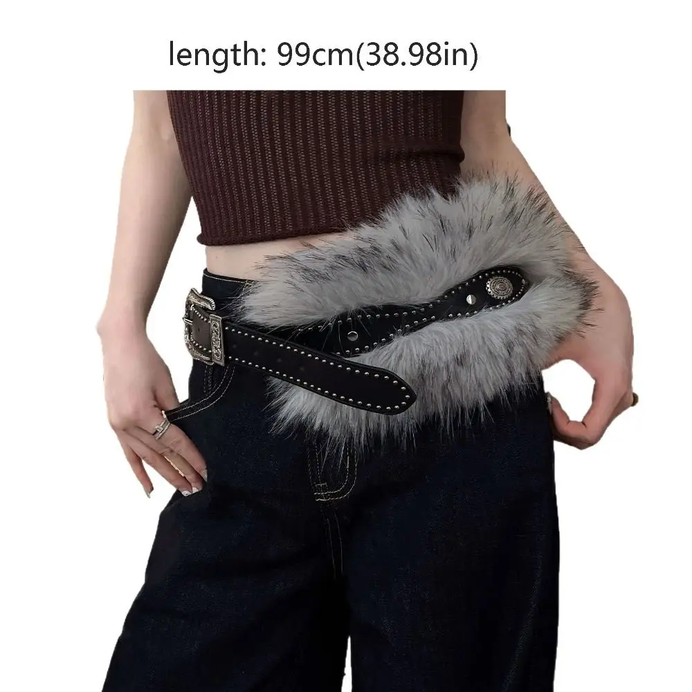 بسيطة حار فتاة نمط الجلود الفراء حزام الرجعية الجينز ديكور فروي حزام تنوعا الشرير Y2K أفخم حزام خصر يوميا #5
