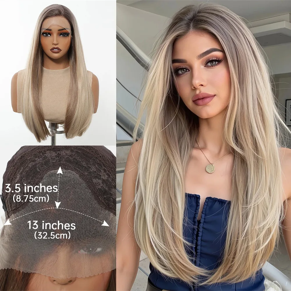 

13*4 Synthetic Lace Front Wigs Ombre Blonde Highlight Wig Long Silk Straight Hair for Women Natural Looking Daily Heat Resistant