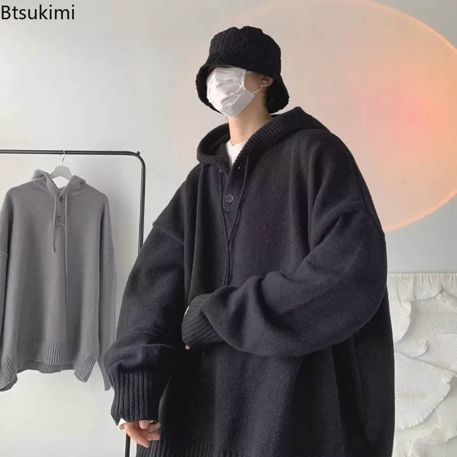 Men'S Casual Hooded Sweater Coat Autumn and Winter High Neck Loose and Lazy Woolen Sweater Knitted Sweater Thick Outer Overcoat