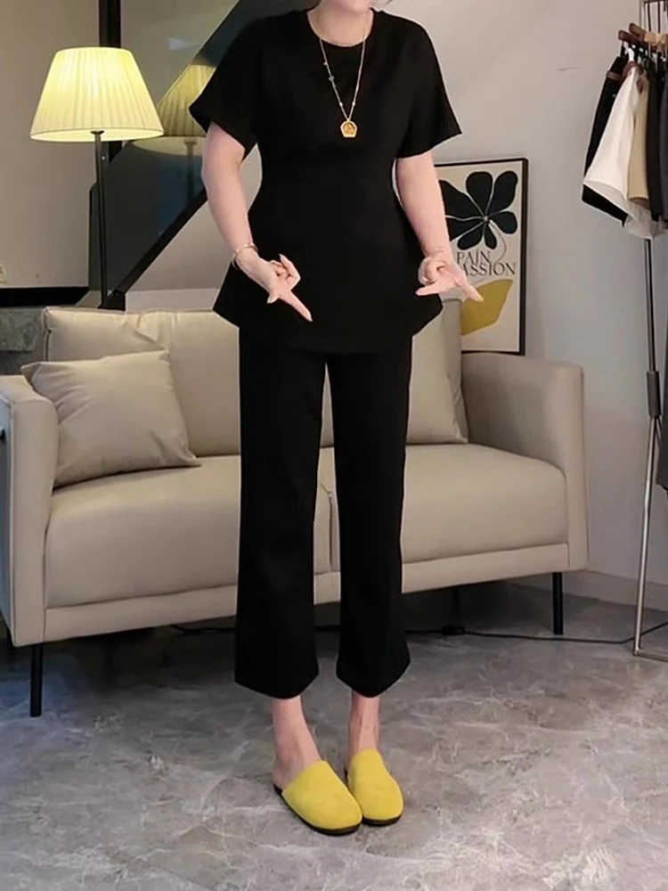 

Slim Fit Short Sleeve T-Shirt And Pants Set Pure Color Fashionable Summer 2025 Two-Piece Suite Elegant And Versatile Design