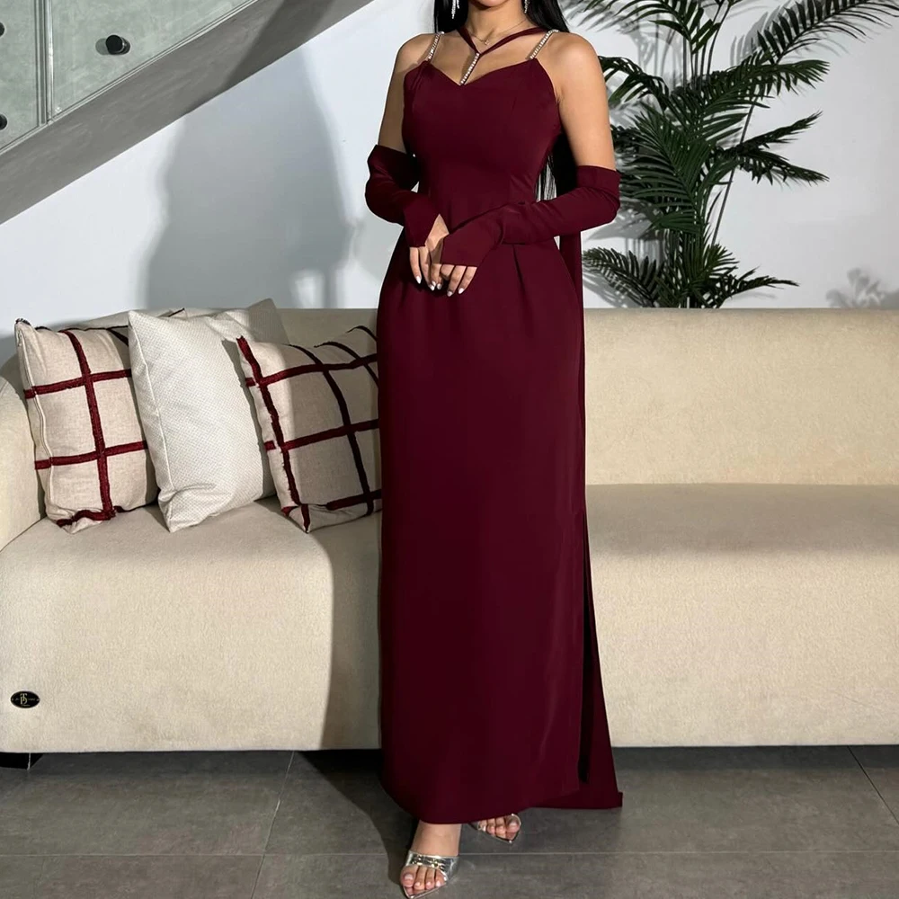 

Customized Jersey Straight Cap Sleeve Crystal Detachable Sleeve Evening Dress Strapless Floor Length Watteau Train Burgundy