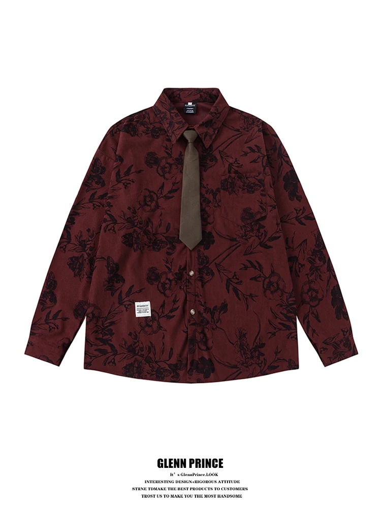 

Loose Long Sve Men's irt GPstudio Classical Floral Print Corduroy Casual irt Vintage Sle Polyester Fiber Autumn Wear