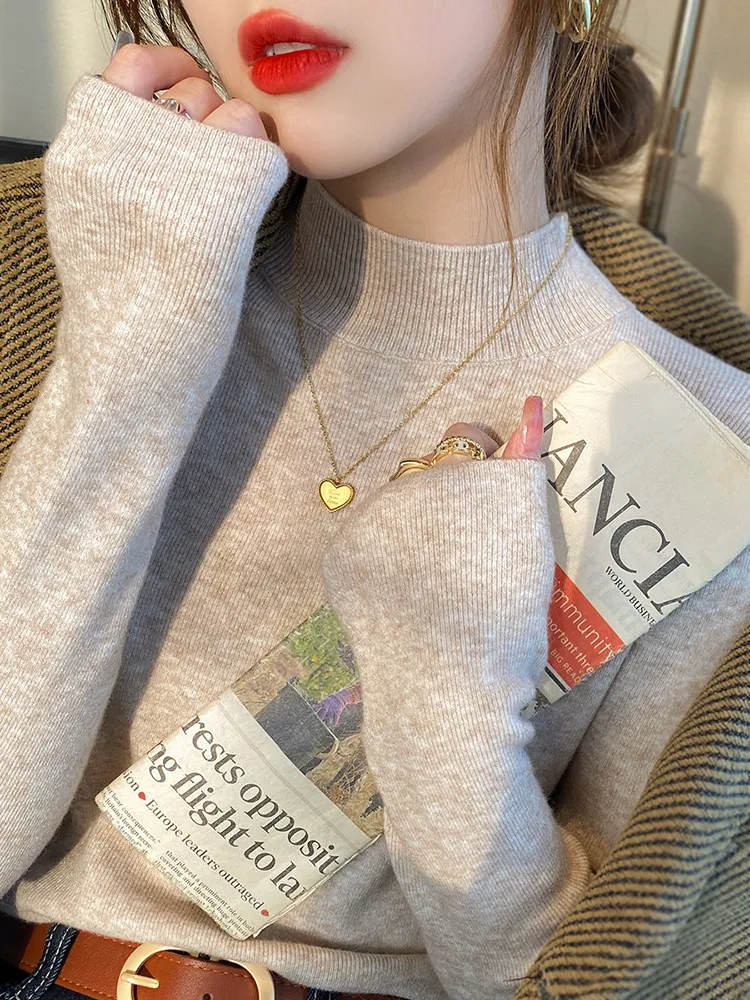 

Long Sleeve Knitted Base Shirt Women's Spring 2026 New Half High Collar Coat Inner High-End Sensation Slim Fit Overhead Knitt...