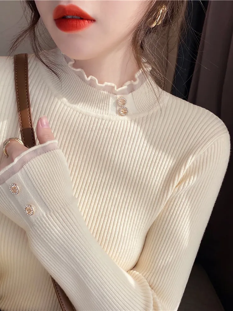 2024 Knitted Women Sweater O-neck Button Pullovers Spring Autumn Basic Sweaters for Female Pullover Slim Solid Bold Lace Tops