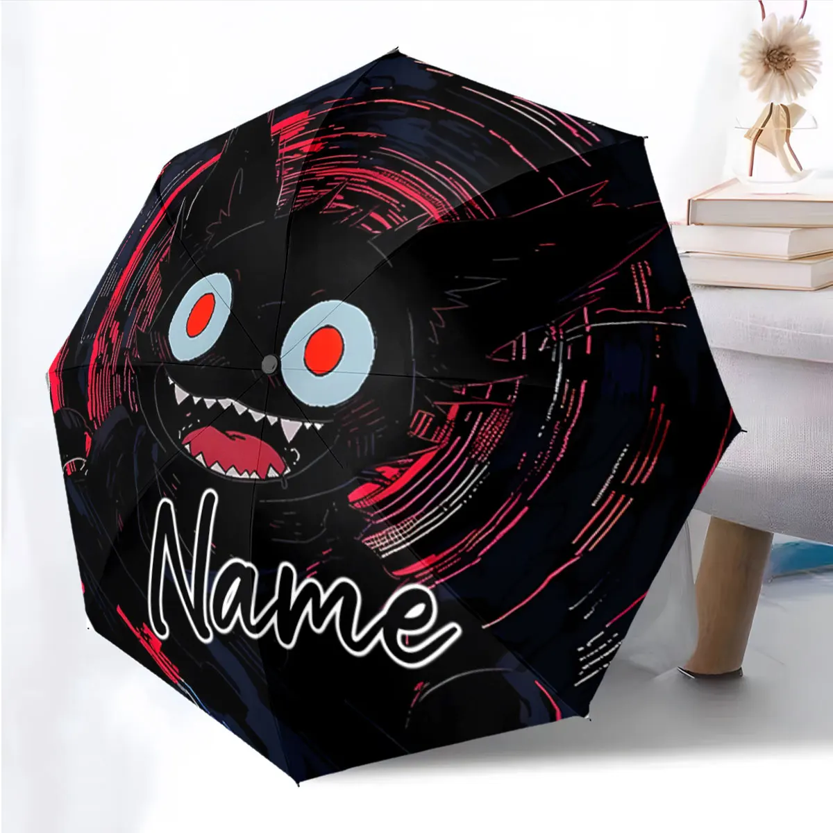 Custom Name Dark Cat Design Umbrella with Red and Black Theme Print 8 Iron Ribs Folding Umbrella Auto-Open Fashion Sunshade