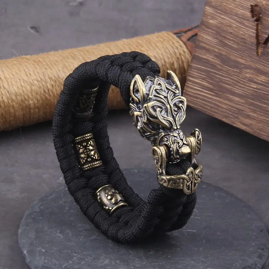 Men's Viking Wolf Bracelet Handmade Cord Jewelry