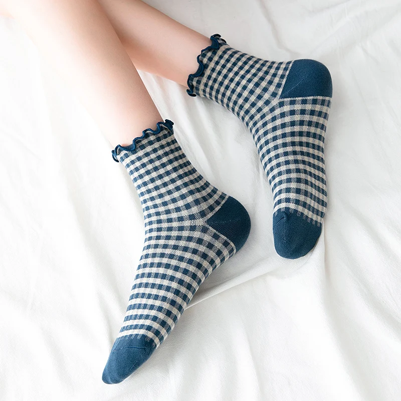 Vintage Plaid Lace Tube Ankle Socks Lolita Cotton Socks Women Harajuku Socks