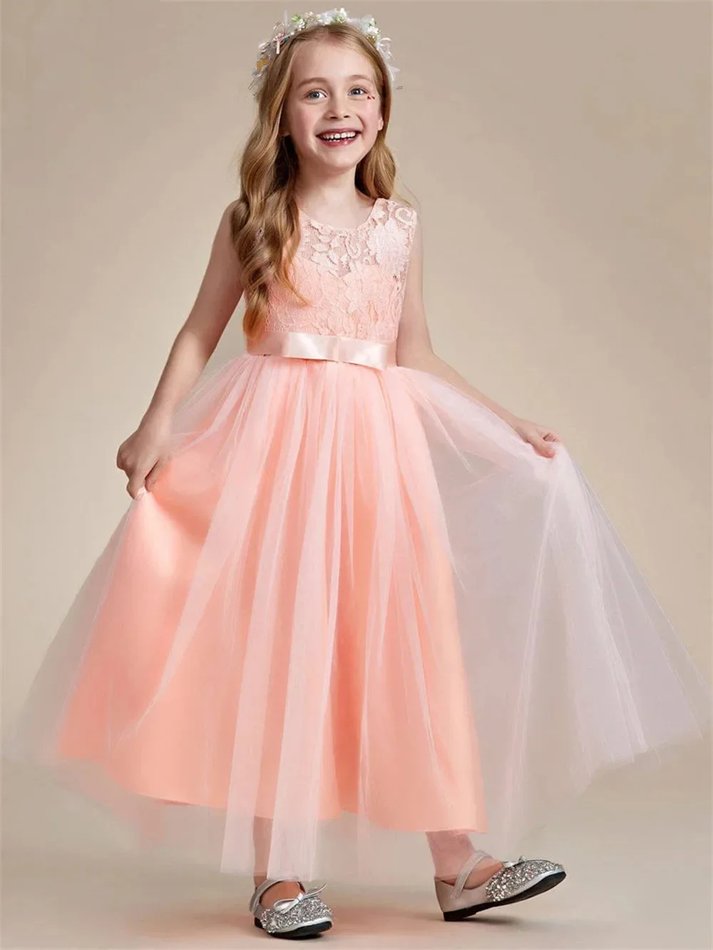 Abito da ragazza di fiore in tulle di pizzo principessa senza maniche con fiocco Abito da ballo formale per prima comunione per festa di compleanno per bambini personalizzato
