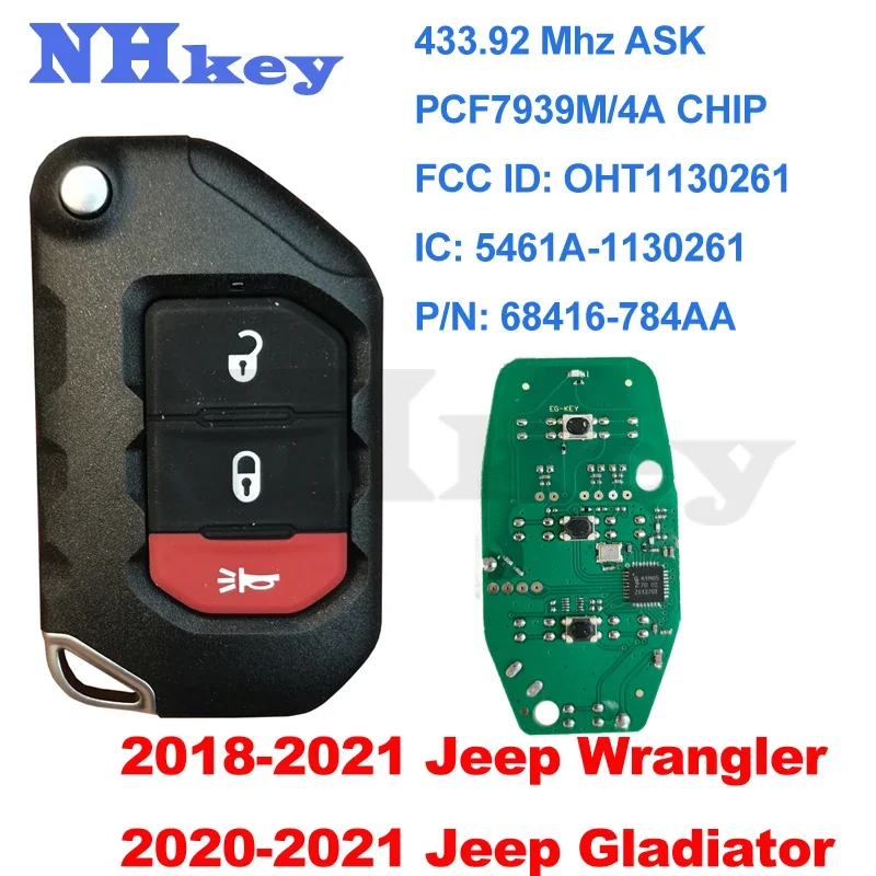 NHkey 68416-782AA 33btn Keyless Flip Smart Key 433MHz con Chip OEM PCF7939M per 2018 2019 Jeep Wrangler 68416-782AA