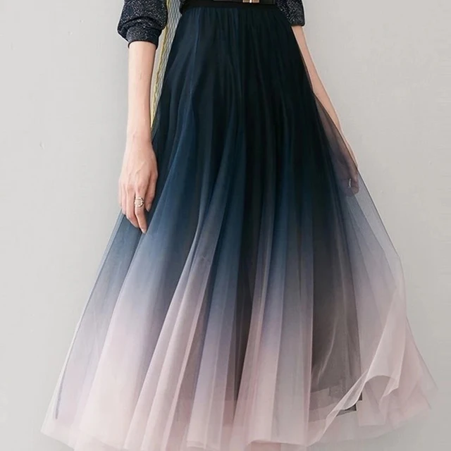MEXZT Eleganckie tiulowe spódnice damskie z wysokim stanem i plisowaną siateczką w kolorze gradientu Koreańska elastyczna luźna spódnica casualowa All Match A Line Skirt