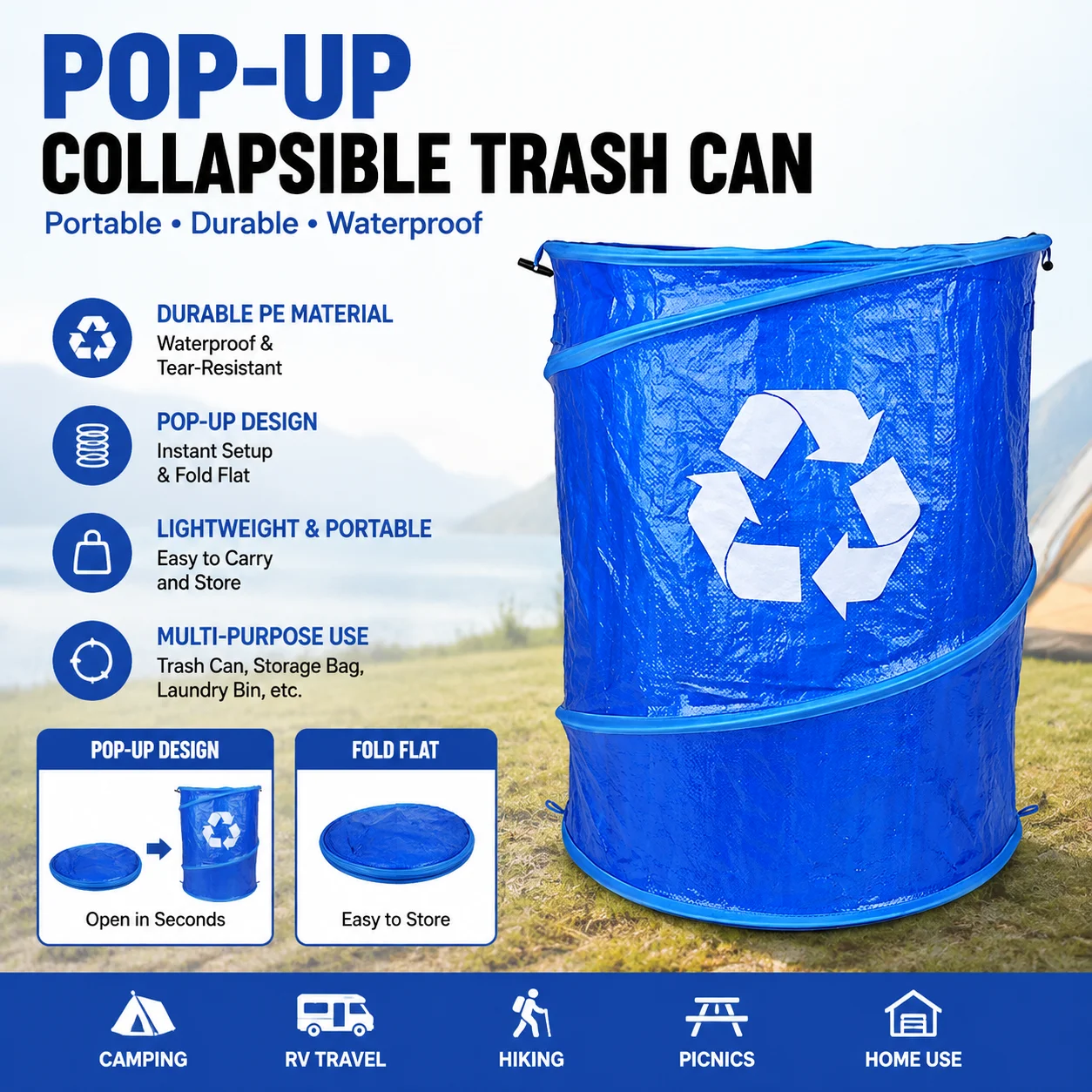 Portable Collapsible Trash Can Waterproof Pop Up Garbage Bag For Camping Rv Hiking Picnic