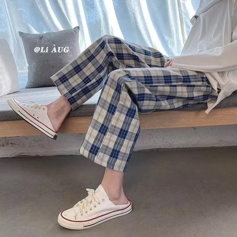 

Men's Plaid Casual Pants Summer Thin Straight Wide Leg Long Trousers Hong Kong Style INS Korean Version Trendy Loose Fit