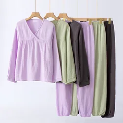 New Spring and Autumn Ladies Pajamas Long Sleeve Trousers Two-piece Set 100% Cotton Crepe V-neck Pajamas Set Home Wear Sleepwear