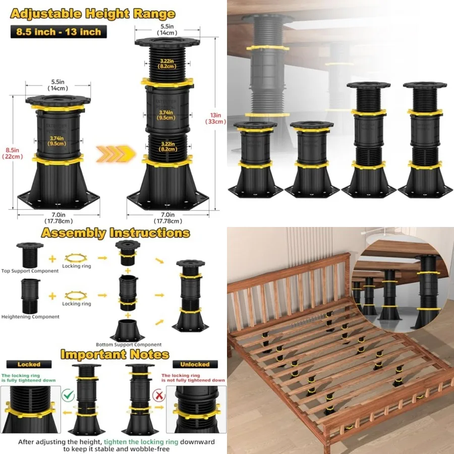 

Wlrrcwdttc 4 Pcs Adjustable Height Bed Support Legs, Bed Frame Center Support Legs for Bed Frame/Bed Center Slat, Bed Support R