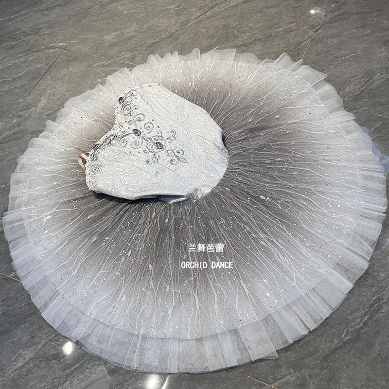 Womens Thin Strap Heart Neck Ballet Tutu Performance Dress Silver Line Scroll Rhinestone Embroidery Light Gray Gradient Fine Gli