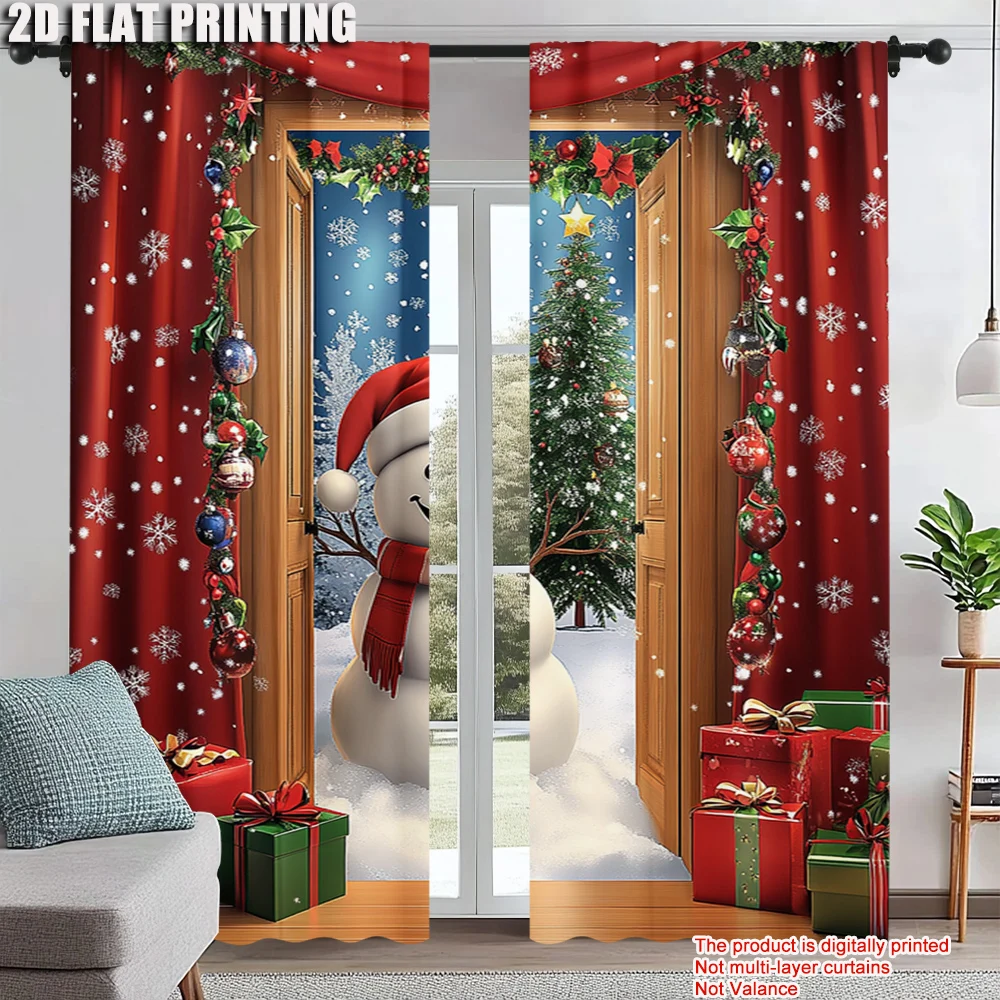 

2Pcs Christmas Window Curtain Snowman Xmas Tree Designs With Snowflakes Rod Pocket Polyester Material For Living Room Kitchen