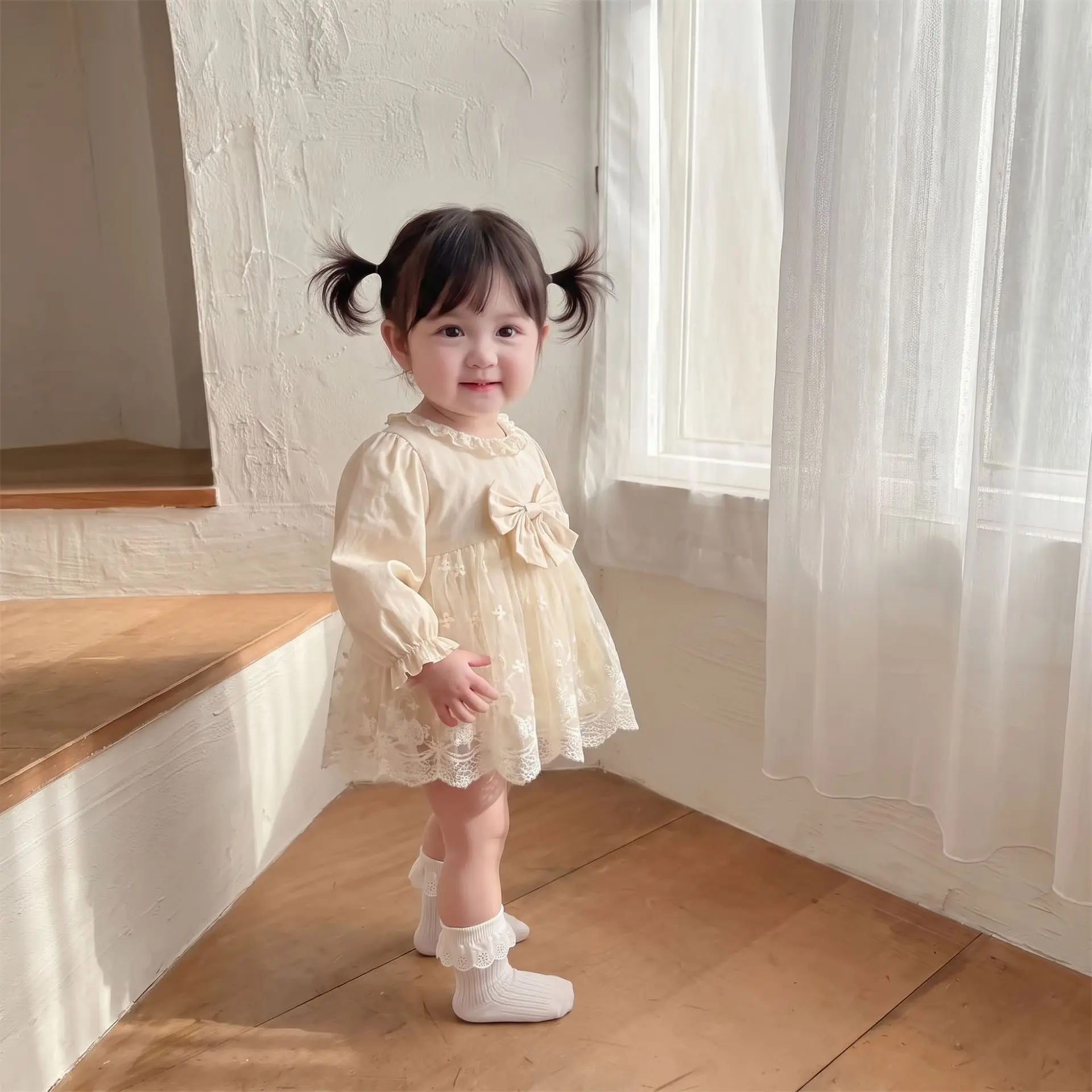 Baby Girl's Long Sleeved Bag Fart Dress, Baby's Autumn New Product, Sweet Mesh Princess Baby Full Moon Pure Cotton Dress