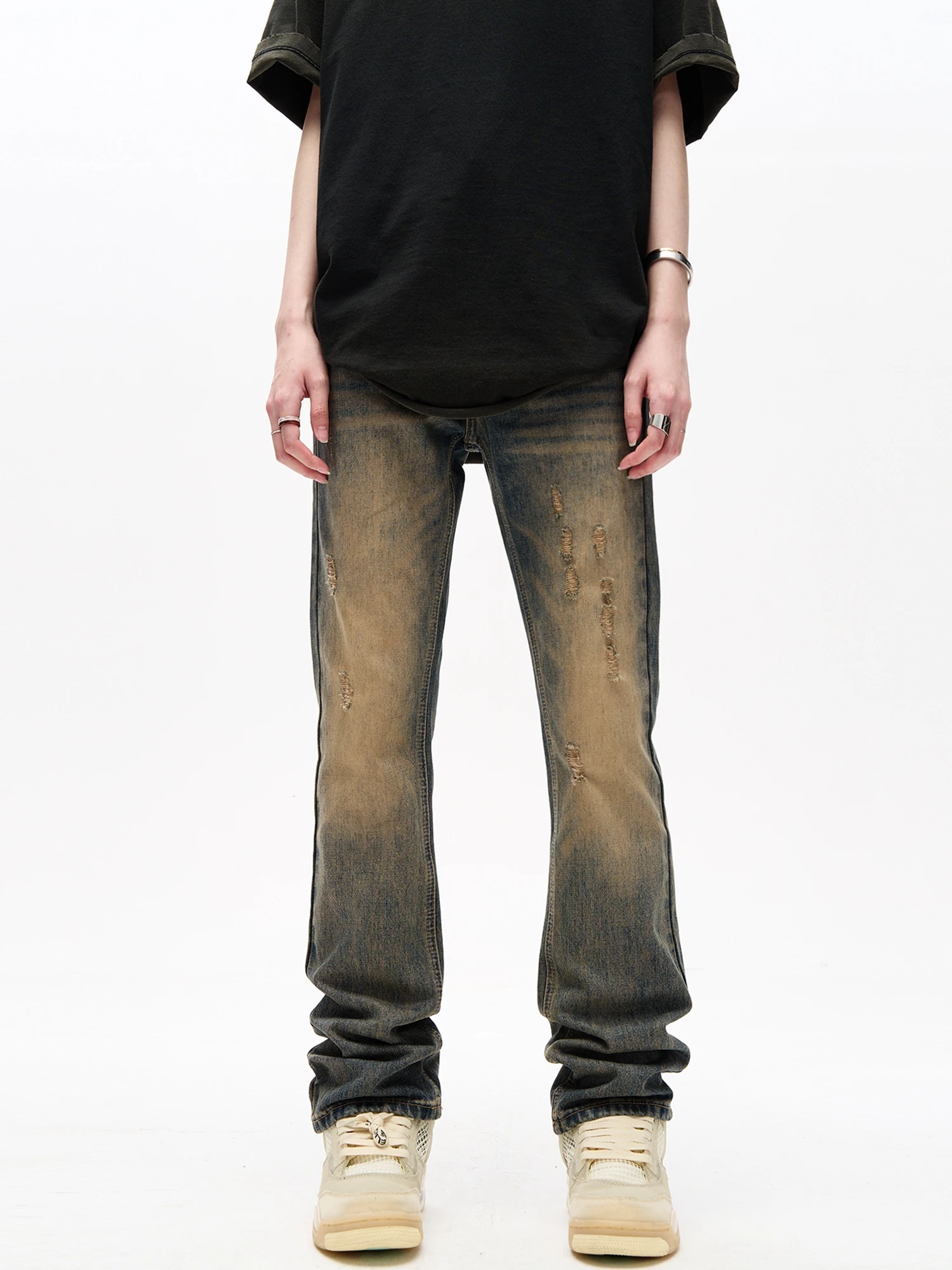 American vibe yellow mud dyed high street distressed jeans for men's ins trendy slim fitting straight tube casual long pants