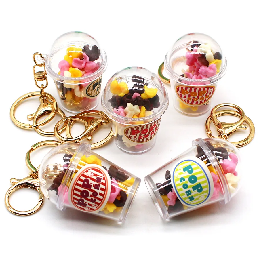 Miniature food toy popcorn bucket keychain simulation snack popcorn cup pendant colorful children's milk tea cup