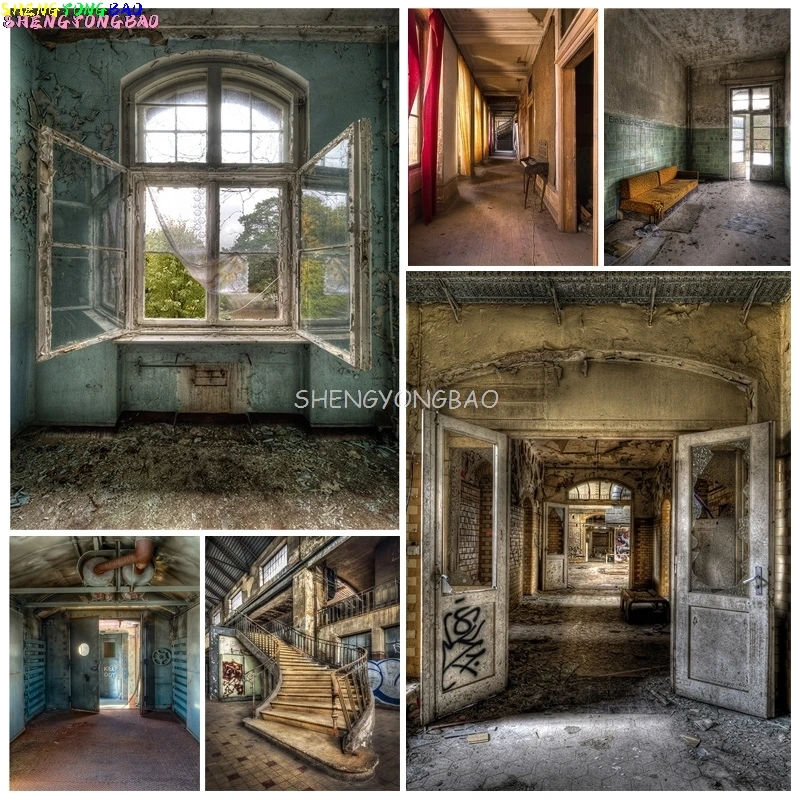 

SHENGYONGBAO Background Brick Wall Wooden Door Abandoned Dilapidated Retro Photography Backdrop Photocall Photo Studio EHP-02