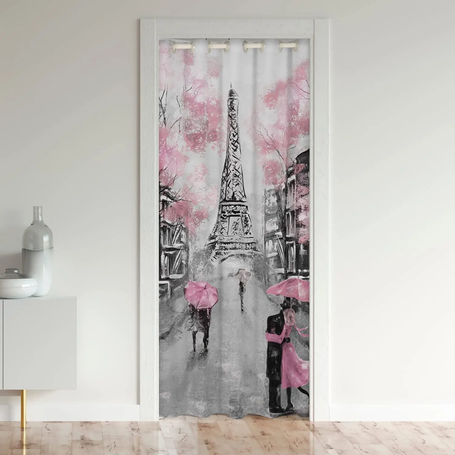 

Paris French Eiffel Tower Cherry Blossoms Door Curtains for Couple Bedroom Noren Doors Cover Grommet Insulated Thermal Curtain