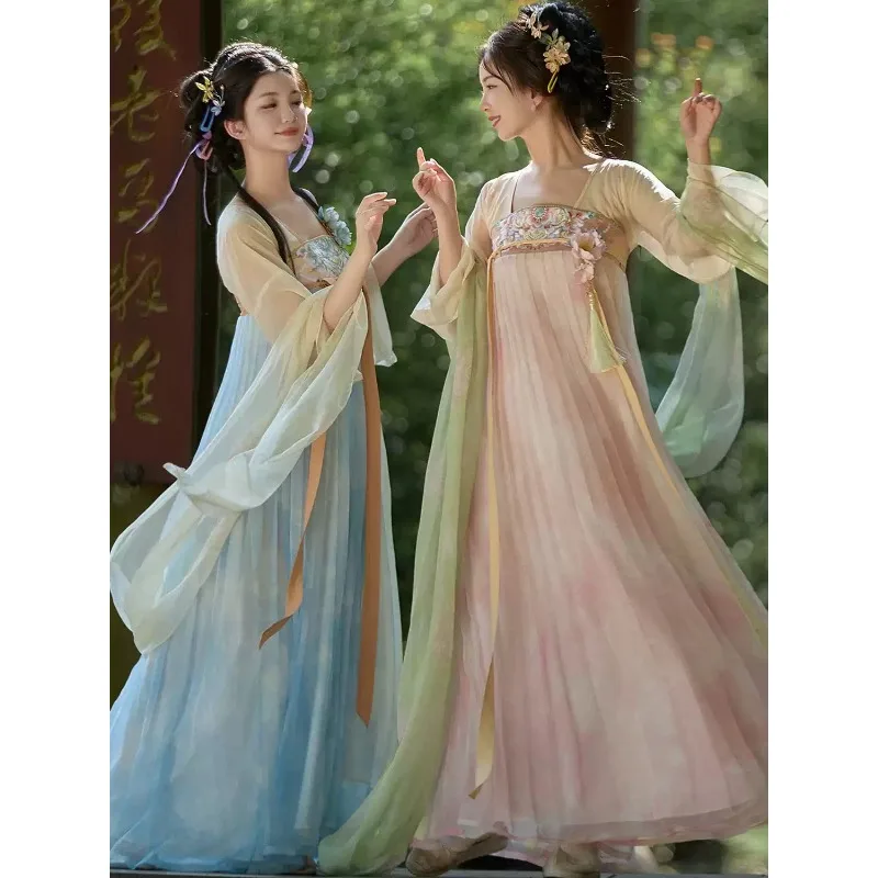 Tang-style Hanfu women's chest-length elastic dress, Han elements, daily two-tone spring and summer