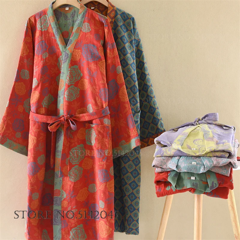 

100% Cotton Women's Robe Loungewear Retro Jacquard Flower Kimono Bathrobe Gown Yukata Loose Casual Sleepwear Home Dress Lingerie