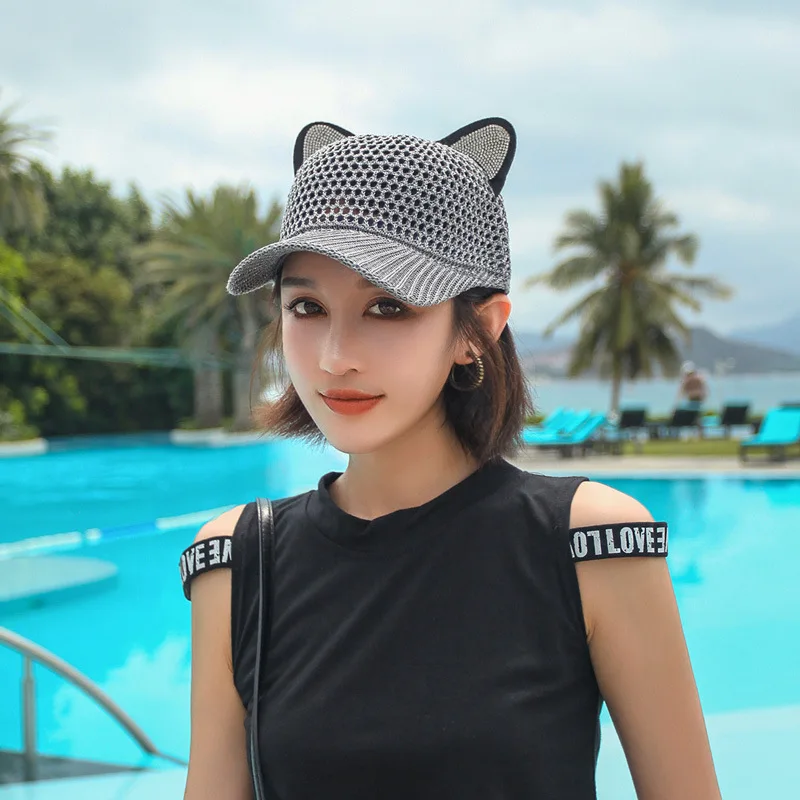 Hat Hollow Out Breathable Duck Tongue Cap Sunshade Cute Cat Ears Cap Baseball Cap women\'s Thin Section White Spring Summer Cap