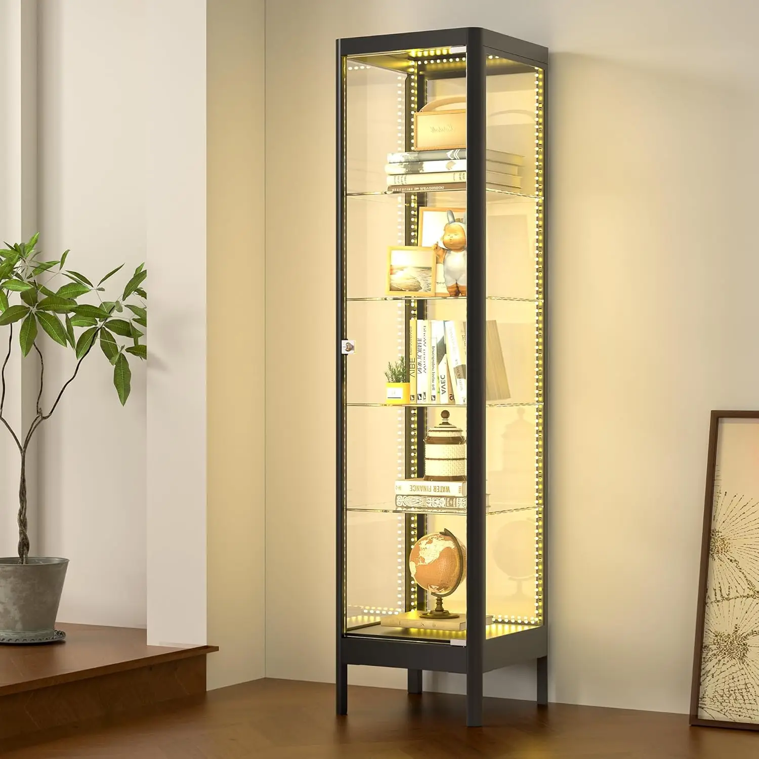 

5-Tier Glass Display Cabinet with 13 Color LED Lights & Lock, 63" Curio Cabinet with Glass Doors & Adjustable Shelves,, Custom