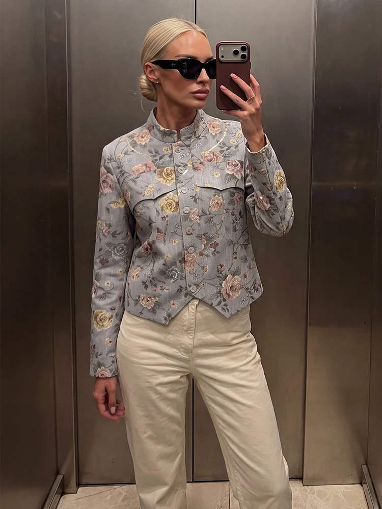 HH Fashion 2026 Women’s Floral Jacquard Blazer Autumn Long Sleeves Stand Collar Sequin Detail Female Elegant Lightweight Jacket